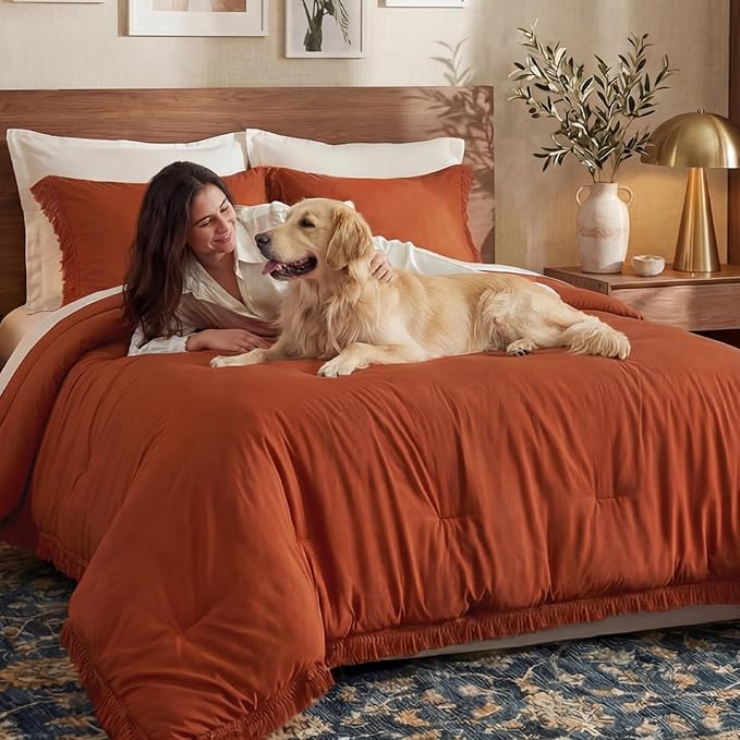 Andency Queen Comforter Set Burnt Orange, 3 Pieces Boho Terracotta Fall Tassel Lightweight Bedding Comforter Sets, All Season Rust Soft Bed Set (90x90In Comforter & 2 Pillowcases)