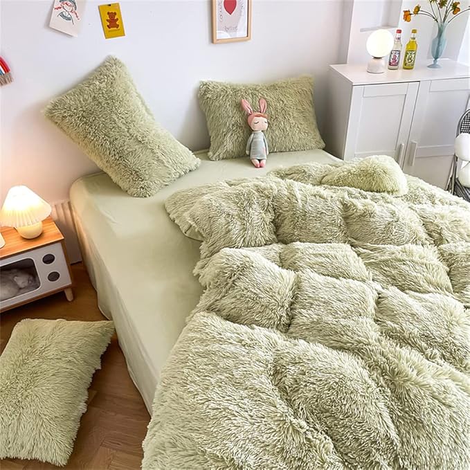 chovy Faux Fur Plush Light Green Comforter Sets King - Ultra Soft Shaggy Flannel Velvet Fluffy Fuzzy 3PC Bedding Set （Comforter x 1 Pillowcases x 2）