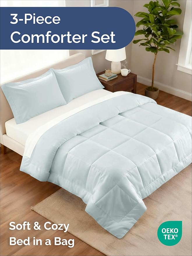 Queen Comforter Set - 3 Piece Bed Set for All Seasons - 1 Soft Quilted Comforter with Corner Tabs & 2 Pillow Shams - Comfy & Breathable - Premium Down Duvet Insert - Oeko-TEX - Queen Size, Ice Blue