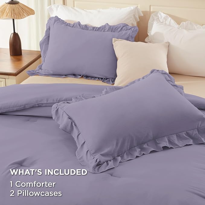 Andency Grayish Purple Ruffle Comforter Full Set, 3pcs Vintage Farmhouse Shabby Chic Bedding Comforter Set, Soft Lightweight Fluffy Bed Comforter Sets All Season Bedding Set
