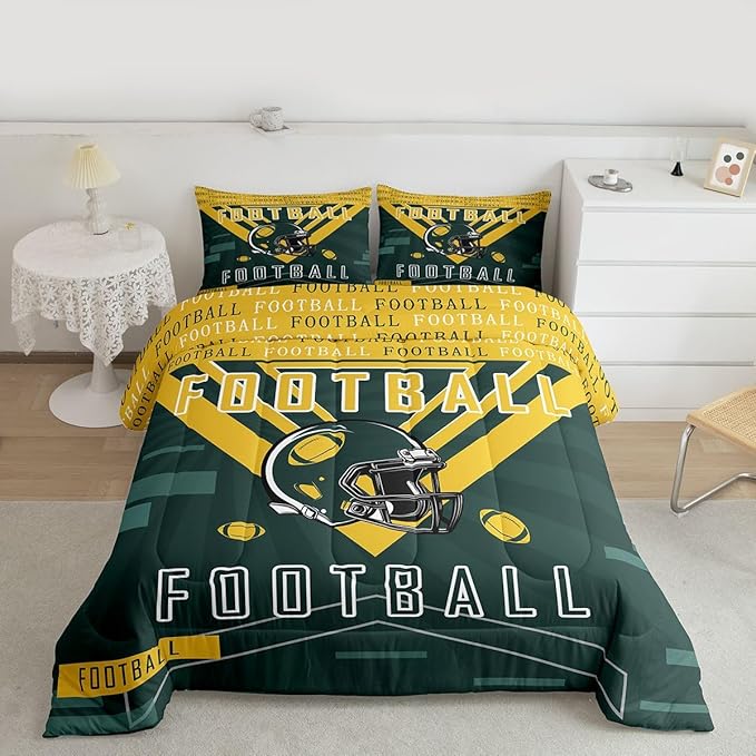 Feelyou Football Bedding Set Boys Girls Queen Size Comforter Set Sports Themed Women Men Football City Duvet Quilt Rugby Sports Green Yellow Room Decor