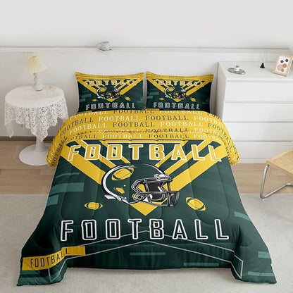 Feelyou Football Bedding Set Boys Girls Twin Size Women Men Football City Comforter Rugby Sports Duvet Quilt Green Yellow Room Decor