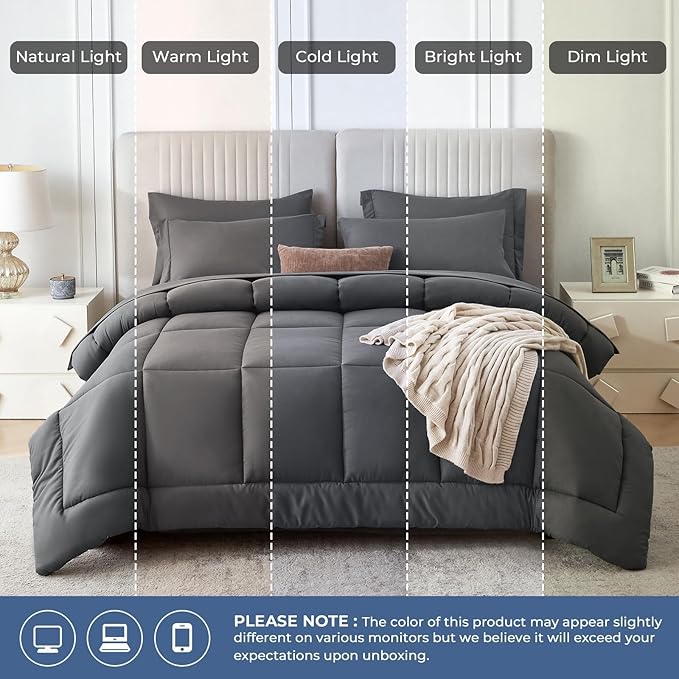 Sasttie King Size Comforter Set, 7 Pieces Bed in a Bag King, Complete Bedding Set Includes Grey Comforter, Flat Sheet, Fitted Sheet, Pillowcases and Pillow Shams, Dark Grey