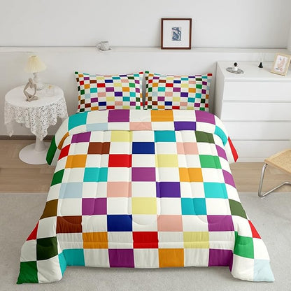 Feelyou Colorful Checkered Retro Bedding Set Kids Boys Girls Modern Geometric Cute Comforter Set King Size Beige Colorful Duvet Insert Vintage Simple Groovy Aesthetic Room Decor