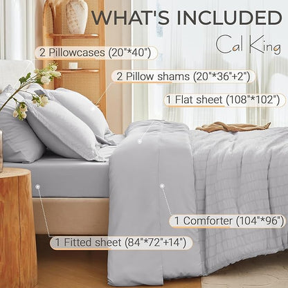 MUXHOMO 7 Pieces California King Comforter Set, Seersucker Bed in a Bag Cal King Size, All Season Luxury Bedding Set with Comforter, Flat Sheet, Fitted Sheet, Pillowcases & Shams, Light Grey