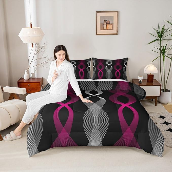 Erosebridal Girls Fuchsia and Black Abstract Toddler Comforter Set, Fuchsia Striped Bedding Set for Women Teens, Contemporary Boho Modern Art Comforter, Geometric Stripes Aesthetic Wavy Line Quilt