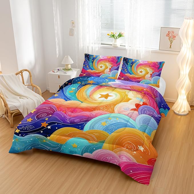 Watercolor Rainbow Pattern Comforter Modern Abstract Comforter Set,Rainbow Dreams Bedding Set Twin Size,Mordern Art Decor All Season Lightweight Soft Microfiber with 2 Pillow Shams