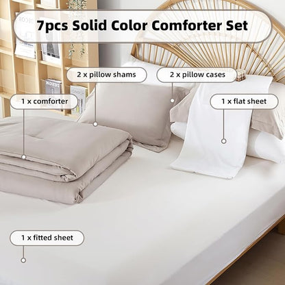 weigelia Full Size Comforter Set Linen Grey Comforter 7 Pieces Comforters Full Size with Sheets Soft Fluffy Comforter Set for Women and Men