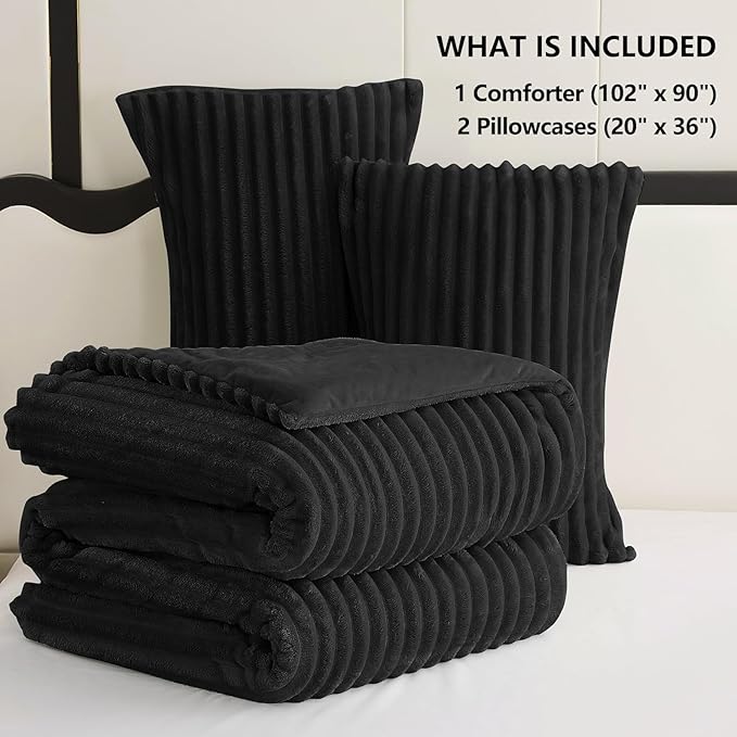 CozyLux Fluffy King Size Comforter Set - Super Soft Faux Fur Black Comforter King Size, Winter Warm Fleece Bedding Set, 3 Pieces Plush Fuzzy Bed Set (1 Shaggy Comforter, 2 Pillowcases)