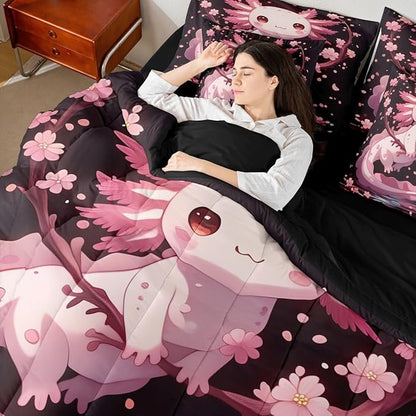 Erosebridal Axolotl Bed in A Bag King | Cherry Blossom Japanese 7 Piece Comforter Set Wildlife Pet Animal Pink Salamander Sheet Set Reversible Underwater World Fitted Sheet Breathable Lightweight