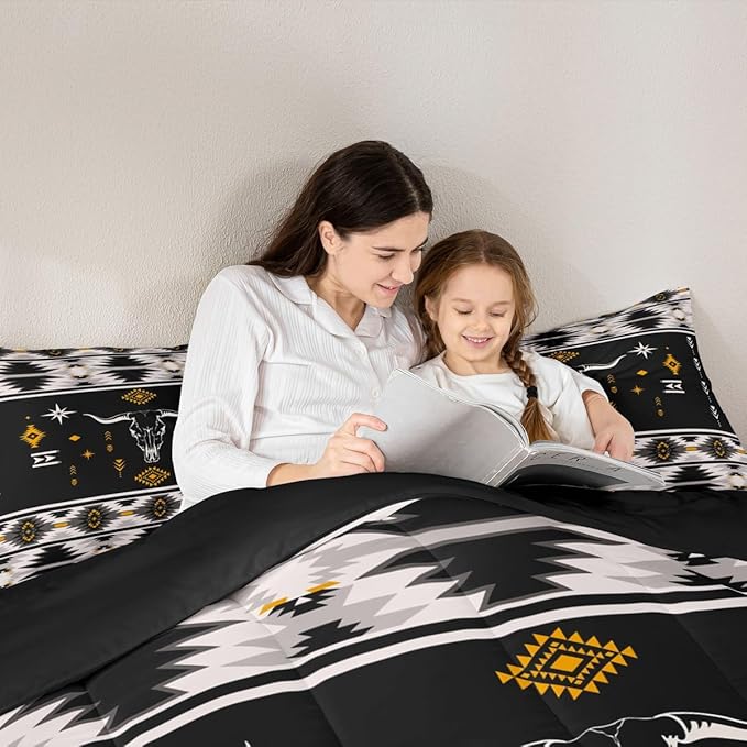 Erosebridal Western Bull Skull Bedding Set Boho Southwestern Aztec Comforter Set Twin Size for Boys Teens Men, Ethnic American Native Duvet Insert Farmhouse Rustic Tribal Quilt 2 Piece, Black Grey