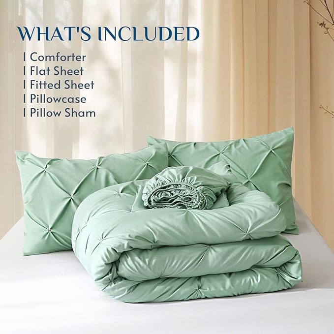 JOLLYVOGUE Twin XL Comforter Set 5 Pieces - Bed in a Bag Twin XL for All Season, Pintuck Bedding Comforter Sets with Comforter, Flat Sheet, Fitted Sheet and Pillowcases & Shams, Sage Green