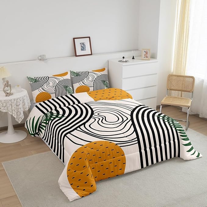 Erosebridal Modern Comforter Set King Abstract Art Bedding Set, Orange Black White Aesthetic Bedding Comforter Sets Retro Minimalism Duvet Sets, Mid Century Quilted Comforter Geometric Striped Decor