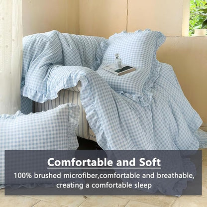 NSNLGSGC Light Blue Ruffle Gingham Comforter Set Queen, Pre-Washed Ruffled Plaid Checked Comforter Bedding, 3 Pieces Vintage Farmhouse Grid Bedding Set(Blue Gingham, Queen)