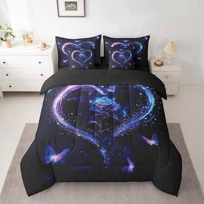 Erosebridal Purple Blue Rose Twin Comforter Set for Girls Women,Butterfly Rose Floral Bed in a Bag 7 Piece for Couples Bedroom Decor,Romantic Love Heart Bedding Set Valentines Day Wedding Gifts