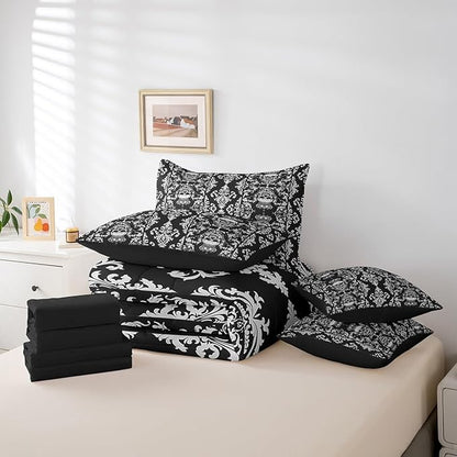 Erosebridal Sugar Skull 7 Piece Comforter Set Full Bed in a Bag,Gothic Bedding Set,Black Grey Damask Bohemian Vintage Floral Comforter and Sheet Set,Goth Skeleton Antique Victorian Baroque Decor