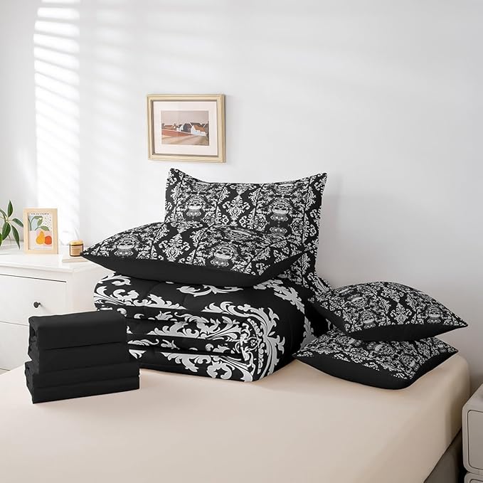 Sugar Skull Bed in a Bag King Size Comforter Set 7 Pieces,Gothic Bedding Set,Black Grey Damask Bohemian Vintage Floral Comforter and Sheet Set,Goth Skeleton Antique Victorian Baroque Decor