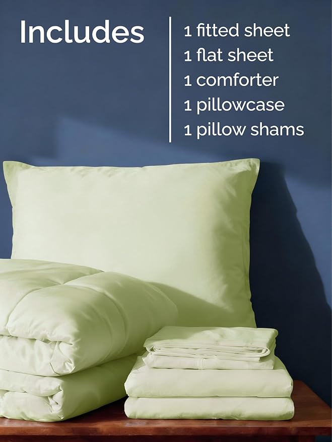 Twin Comforter Set - 5 Piece Bed in a Bag Twin Size Bed Set - Down Alternative Comforter, Flat Sheet, Fitted Sheet, Pillowcase & Sham for All Seasons - Soft, Comfy & Breathable - Light Sage/Emerald