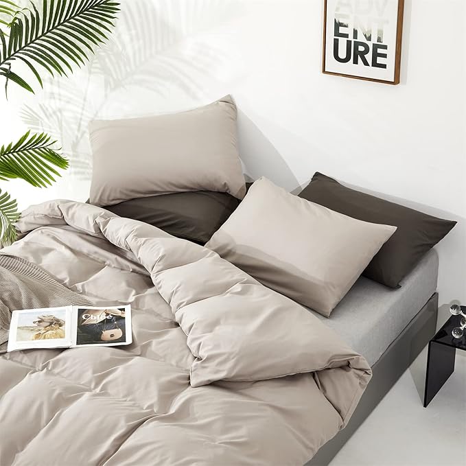 Wellboo Beige Khaki Comforters for Queen Size Bed Boho Oatmeal Bedding Comforter Cotton Plain Beige Coffee Warm Blankets Women Men Modern Taupe Quilts Soft Durable Solid Tan Color Bed Set Lightweight