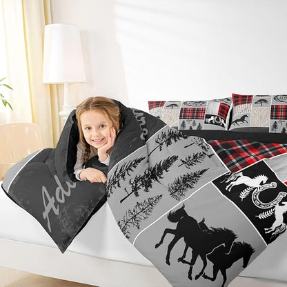 Erosebridal Horse Duvet Insert for Boys, Western Cowboy Comforter Set Horseshoe Riding Boots Bedding Set Vintage Adventure Decor Rustic Farmhouse Cabin Lodge Quilt King, with 2 Pillow Cases,Red Grey