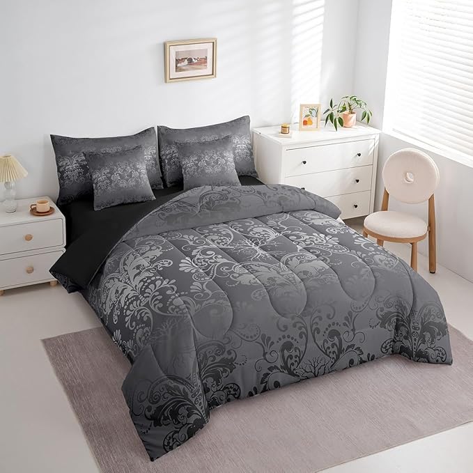 Erosebridal Gothic Damask Bed in a Bag King Size Comforter Set 7 Pieces,Sun Moon Tree of Life Bedding Sets Silver Gray Victorian Floral Goth Sheet Set with Comforter