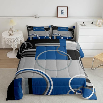 Erosebridal Abstract Circles Comforter Set Queen Modern Blue Black Grey Bedding Checkered Swirls Quilt Set Geometric Striped Duvet Insert Curved Lines Bed Set Modern Creative Quilted Comforter