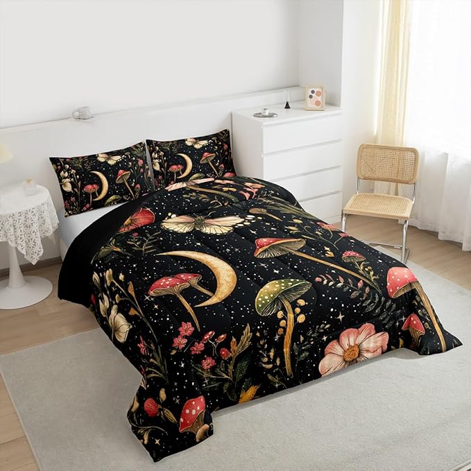 Erosebridal Gothic Mushroom Black Bedding Set for Boys, Vintage Mushroom Comforter Set King Boho Moth Spring Floral Comforter for Kids Teens Adults Bedroom, Moon and Starry Star Quilt Lightweight