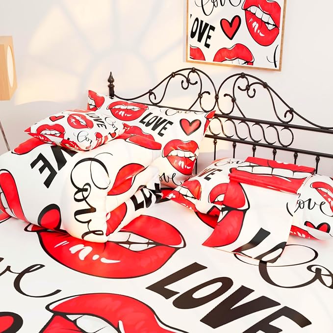 Namoxpa6 Pieces Love Themed Comforter Sets for Teens Girls,3D Red Lip Pattern,Decorative 6 Piece Bedding Sets with Comforter,Flat Sheet,Fitted Sheet,Throw Pillow Cover,Pillow Shams,Queen Size