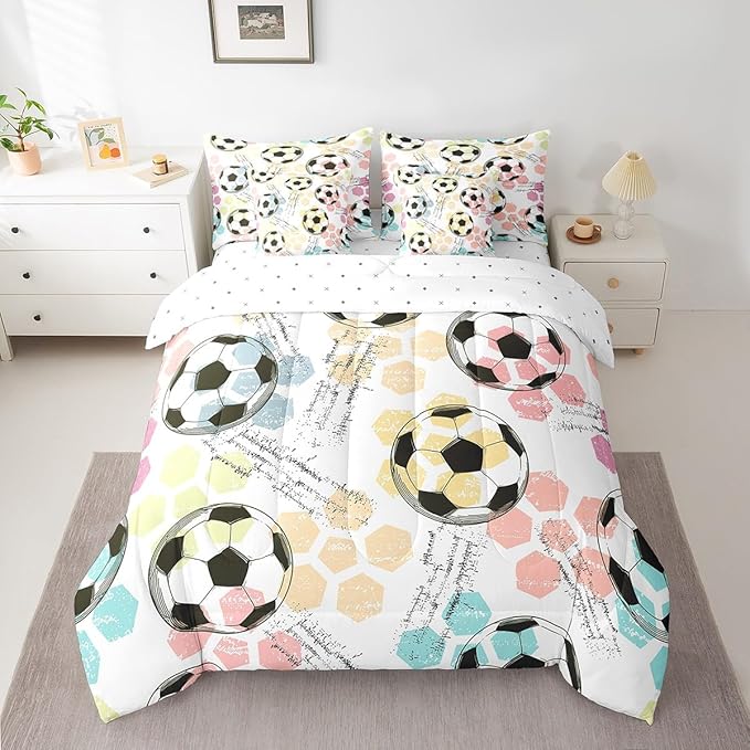 Feelyou Boys Soccer Ball Comforter Set Full Size 7 Pcs Girls Football Comforter Bed in a Bag Soccer Ball Game Bedding Set for Teens Sports Bed Set with Sheets, Pillowcases, Pillow Covers