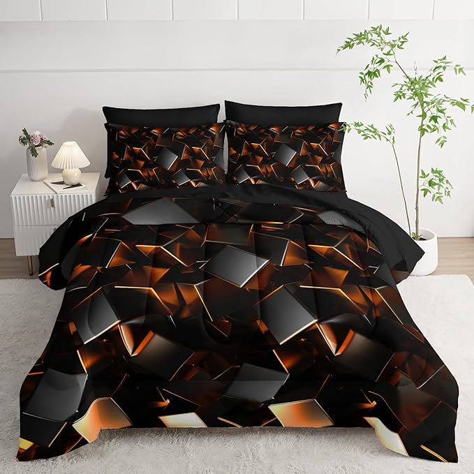 Black and Yellow Geometric Comforter Set Twin Size 7PCS,Abstract Triangular Printed Bedding Set for Adults,Geometric Mordern Art Decor All Seasons with Pillowcases,Flat, Fitted Sheet