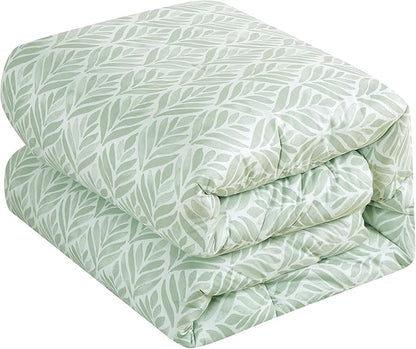 Chezmoi Collection Medina 3-Piece Tranquil Leaf Comforter Set King - Soft Green White Leaves Printed Microfiber Lightweight Bedding Set for All Season
