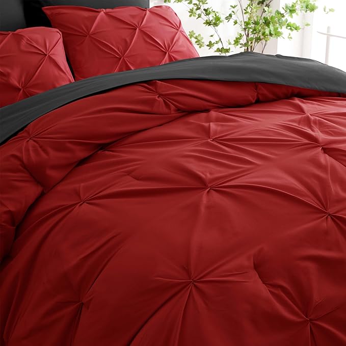 Ubauba 7pc Queen Size Comforter Set with Sheets, Pintuck 7 Piece Bedding Comforters Bed in a Bag for All Season, Pinched Pleat Bed Set with Comforter (Red and Black,Queen)