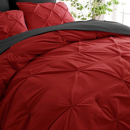 Ubauba 7pc Queen Size Comforter Set with Sheets, Pintuck 7 Piece Bedding Comforters Bed in a Bag for All Season, Pinched Pleat Bed Set with Comforter (Red and Black,Queen)