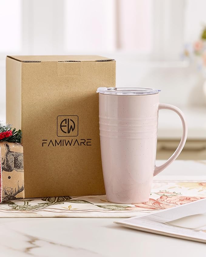 famiware Jupiter Large Coffee Mug, 20oz Coffee Mug with Lid, Ceramic Mugs Set of 2, Cup Set with Handle for Latte, Tea, Cocoa, Milk, Microwave and Dishwasher Safe, Light Pink and Vanilla White