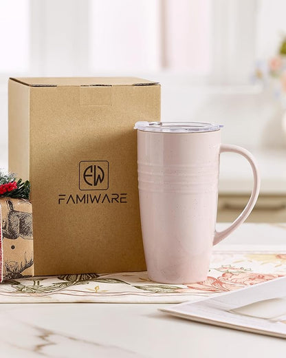 famiware Jupiter Large Coffee Mug, 20oz Coffee Mug with Lid, Ceramic Mugs Set of 2, Cup Set with Handle for Latte, Tea, Cocoa, Milk, Microwave and Dishwasher Safe, Light Pink and Vanilla White