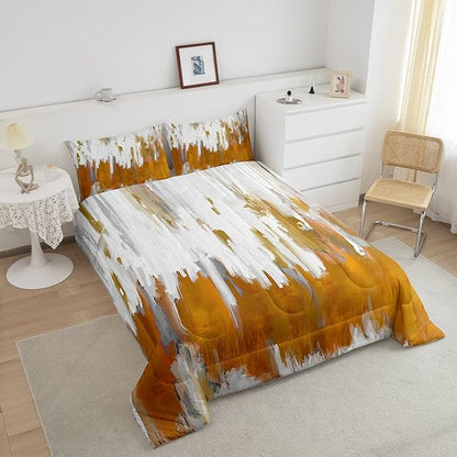 Orange Bedding Set King Gradient Stripe Comforter Set, Modern Oil Painting Graffiti Duvet Insert Watercolor Abstract Artwork Quilt Sets, Aesthetic Chic Vintage Bedding Comforters & Sets Lightweight