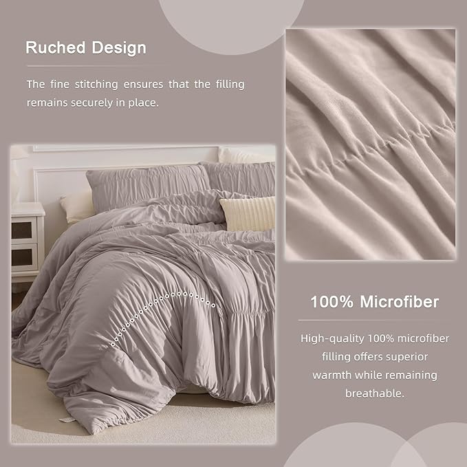 Masaca Oversized King Comforter(120"x98"),Taupe Ruched Ruffle California King Comforter Set,3 Pieces Lightweight Extra Large Farmhouse Shabby Boho Chic French Country Bedding Set
