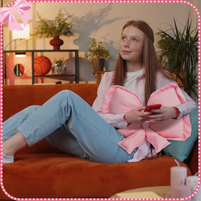 Pink Bow Pillow Large Decorative Soft Pillow 18 x 16 Inch Coquette Bow Room Decor Soft Bowknot Decorations for Galentine's Day Valentines Cushion Bed Sofa Couch Home Decorations