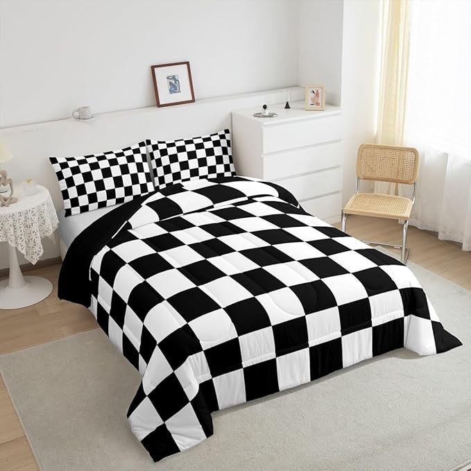 Feelyou Checkered Retro Bedding Set Teen Women Men Black White Plaid Comforter Set Twin Size Kids Boys Girls Geometric Vintage Duvet Insert Modern Simple Groovy Aesthetic Room Decor