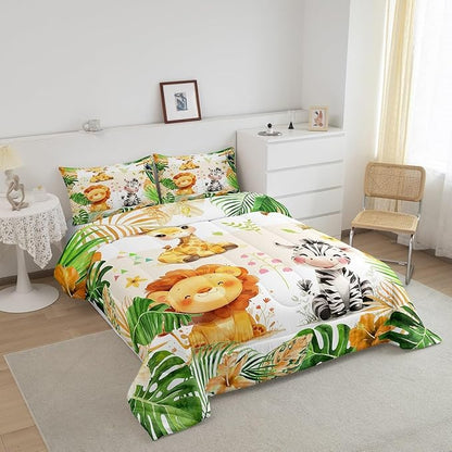 jejeloiu Kids Zoo Animal Bedding Set Queen Size Cute Animal Comforter Set for Boys Girls Teens Lion Giraffe Elephant Duvet Set Tropical Leaves Quilt Set 3Pcs