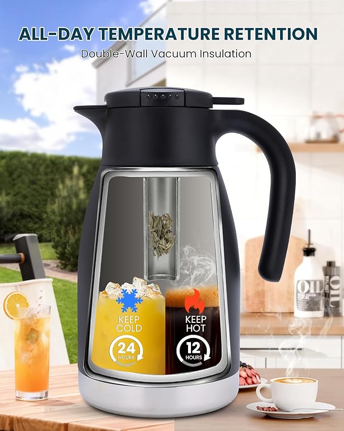 GiNT 51oz Thermal Coffee Carafe with Infuser – Insulated Tea Carafe, Removable Filter, Dishwasher-Safe | 1.5L 6–7 Cups, Wide Mouth, Leak-Proof Seal | Stainless Steel Beverage Server for Home & Office