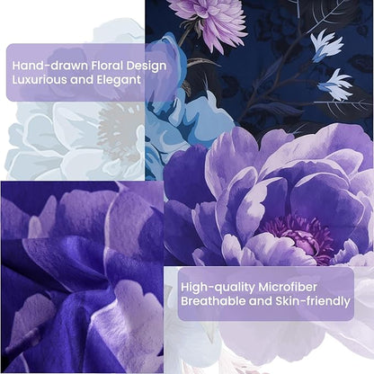 WONGS BEDDING Floral Comforter Set King Size, 7 Pieces Purple Bed in a Bag Comforter Bedding Set, Soft Microfiber for All Season with Pillowcases & Shams,Sheets(90"×104")
