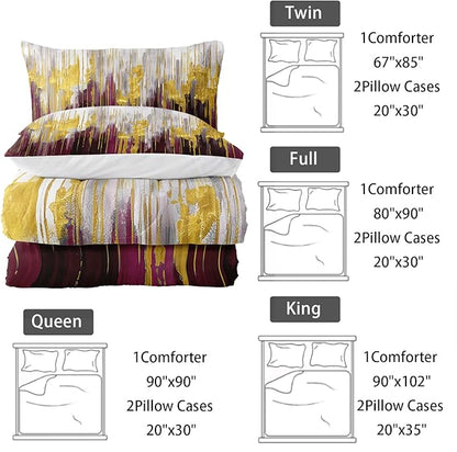 Wine Red White Gold Gradient Color Print Comforter Set Full Size,Abstract Art Bedding Set,Patchwork Printed Quilted Set for Teens Adult,with 1 Comforter and 2 Pillow Case