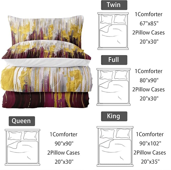 Wine Red White Gold Gradient Color Print Comforter Set King Size,Abstract Art Bedding Set,Patchwork Printed Quilted Set for Teens Adult,with 1 Comforter and 2 Pillow Case