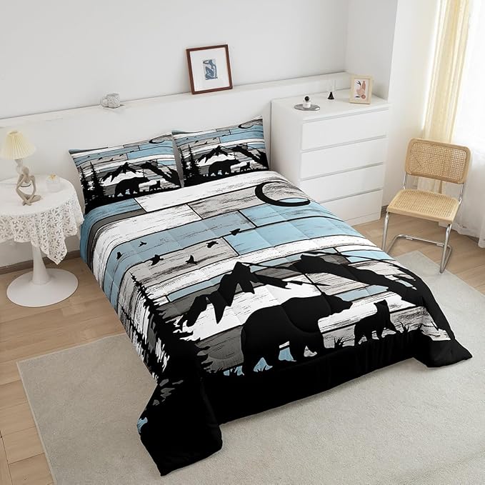 Feelyou Western Rustic Bear Comforter Set King Size, Wildlife Hunting Quilt Set with 2 Pillowcases, Forest Animal Wildlife Bedding Set 3pcs for Kids Boys Teens Room Decor, Farmhouse Duvet Insert