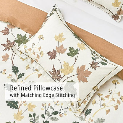 Botanical Cotton Comforter Queen Size - Luxurious Design with Maple Leaves and Branches on Beige, Textured Maple Orange Back, 3PC Lightweight Bedding Set with Ultra-Soft Alternative Fill