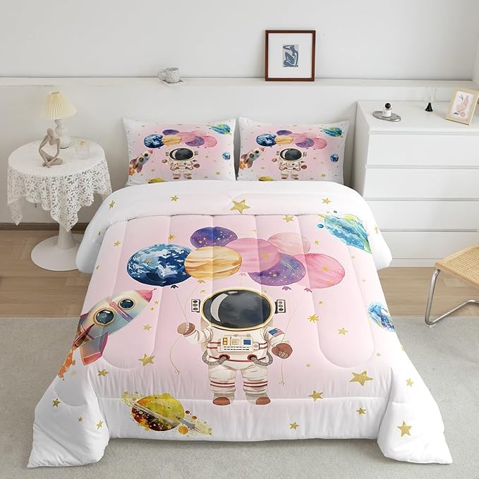 Cute Astronaut Kids Comforter Set Toddler Size,Colorful Cute Planet Balloon Rocket Reversible Quilt Set for Boys Girls Teens,Stars Cartoon Space Pink White Duvet Insert with 1 Pillowcase