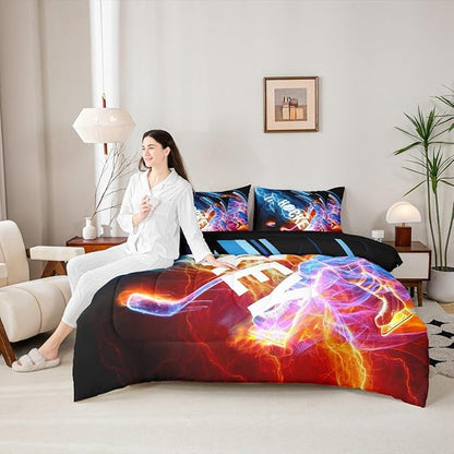 Erosebridal Ice Hockey 7 Piece Comforter Set Full,Puck Hockey Player Bedding Sets for Kids Boys Girls Teens,Red Blue Lightening Fitted Sheet,Winter Sports Game Flat Fitted Sheet Bedroom Decor