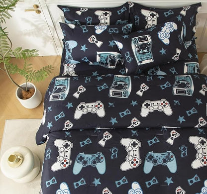 SDY 7PCS Full Gaming Console Comforter & Sheet Set，Soft Cute Gamer Microfiber Bedding for Kids, Boys & Toddlers Room Decor, Includes 1 Comforter, 1 Flat&Fitted Sheet, 2 Pillowcases & 2 Pillow Shams