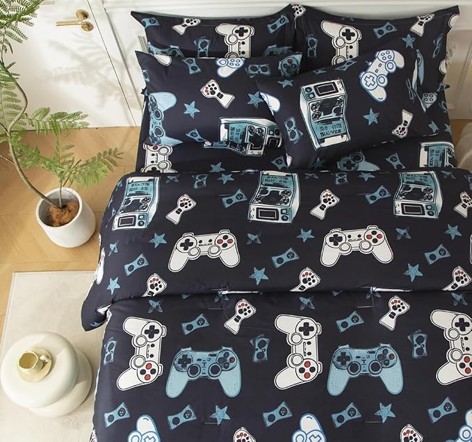 SDY 7PCS Game Console Comforter Set Queen，Cute Soft Microfiber Gamer Bedding Sets for Toddlers, Gaming Bedding with Comforter, Flat Sheet, Fitted Sheet and Pillowcases & Shams